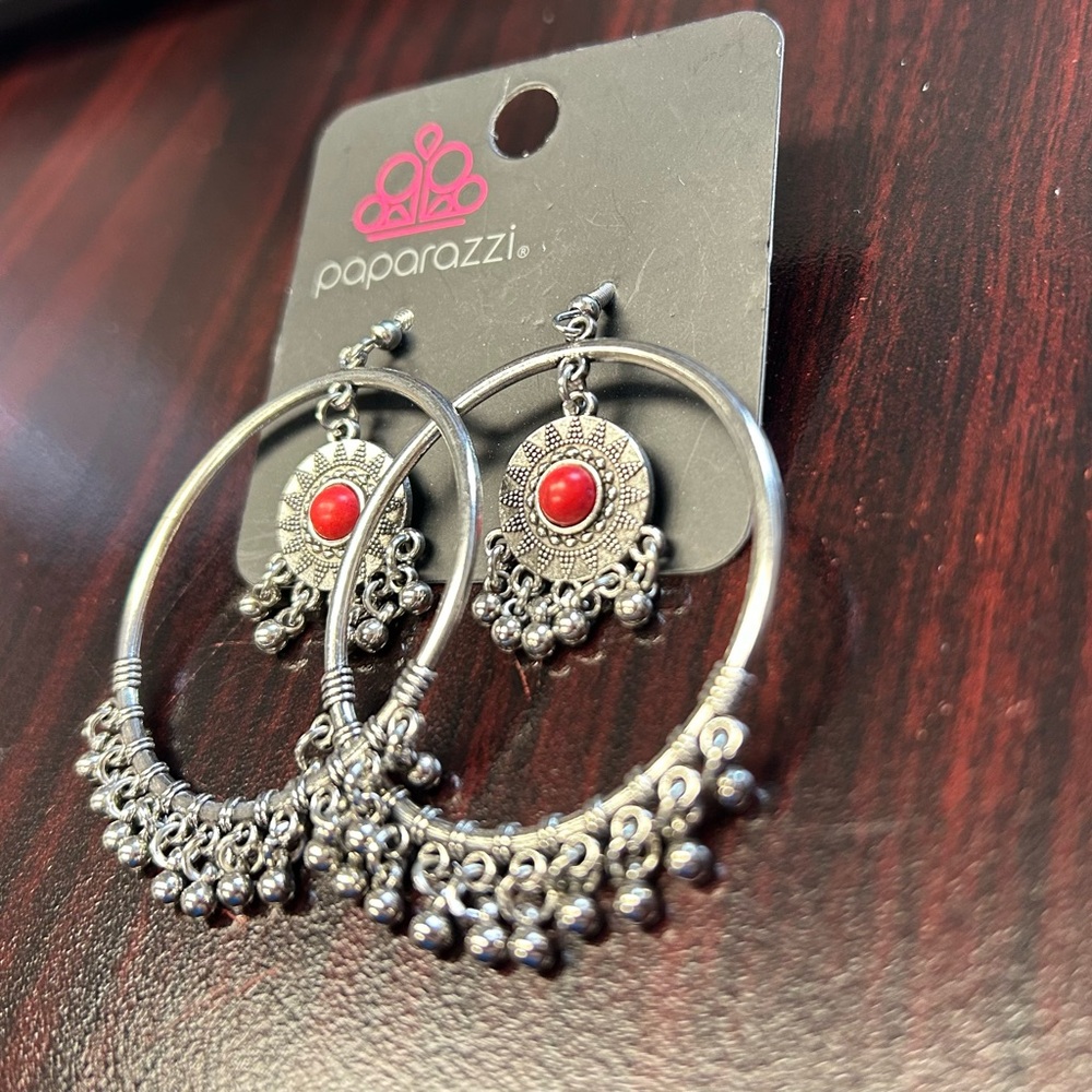 Paparazzi Silver and Red Hoop Earrings